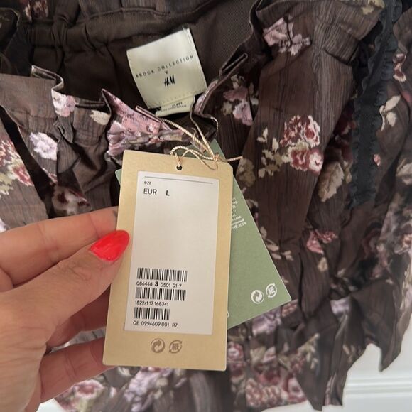 Brock Collection x H&M Brown Floral Print Ribbon Tie Shoulder Gathered Top NWT - Picture 4 of 5